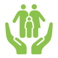 Green family and hands icon on black.