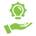 Hand holding lightbulb inside gear icon.