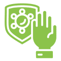 Green shield and hand icon on black.